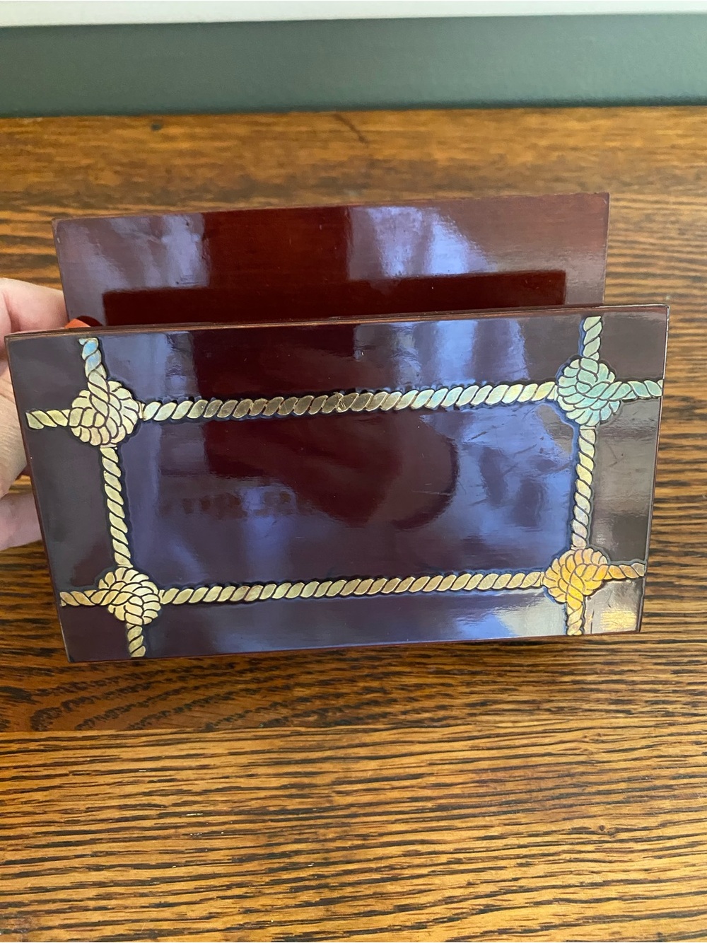 Vtg Maroon Brass Inlaid Rope Design Napkin Mail Holder Ralph Lauren Aesthetic